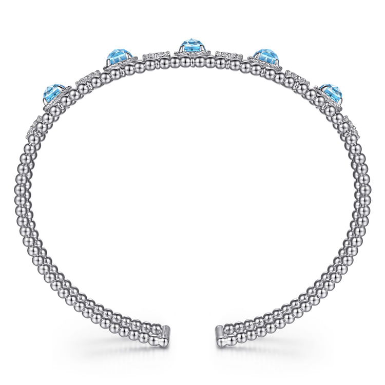 14K White Gold Bujukan Bead Diamond and Blue Topaz Cuff Bracelet