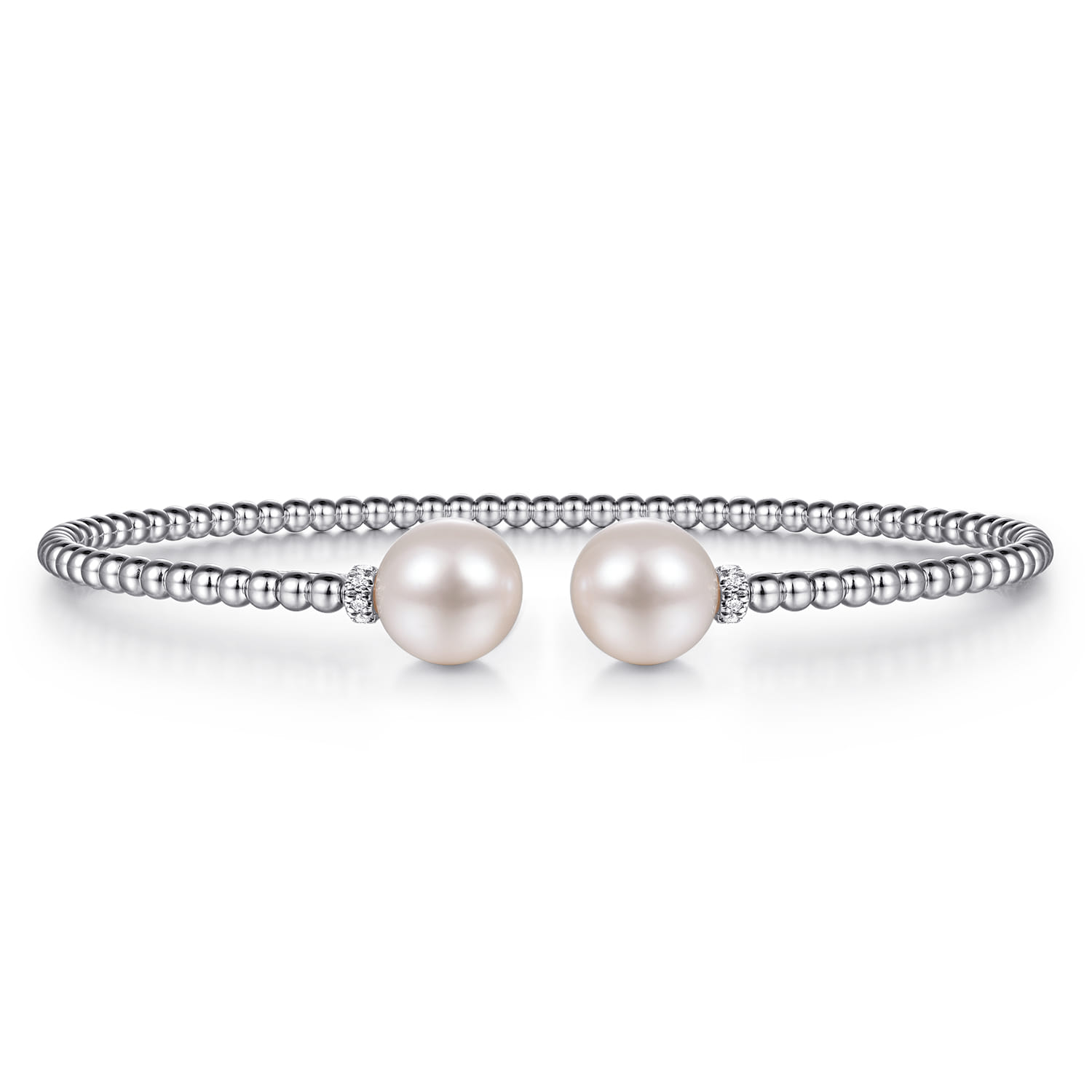 14K White Gold Bujukan Bead Split Bracelet with Pearl and Diamond Caps - 0.05 ct - Shot 1