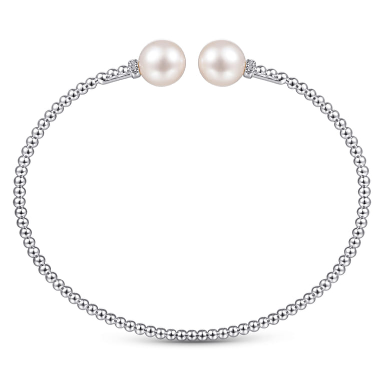 14K White Gold Bujukan Bead Split Bracelet with Pearl and Diamond Caps - 0.05 ct - Shot 3