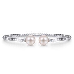 14K White Gold Bujukan Bead Split Bracelet with Pearl and Diamond Caps