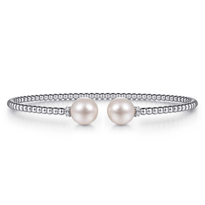 14K White Gold Bujukan Bead Split Bracelet with Pearl and Diamond Caps