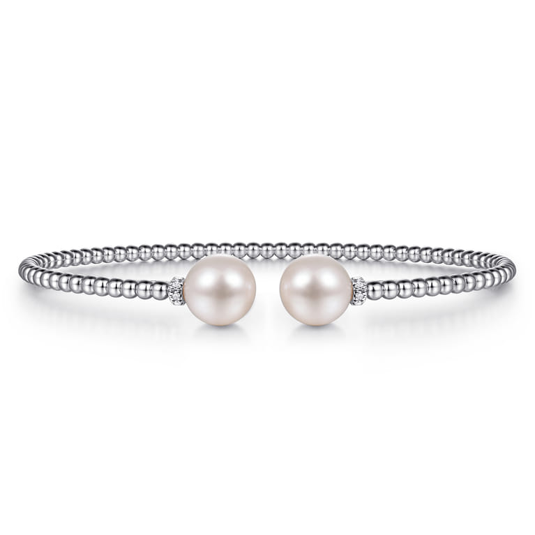 14K White Gold Bujukan Bead Split Bracelet with Pearl and Diamond Caps - 0.05 ct - Shot 1
