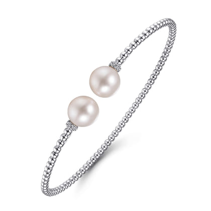 14K White Gold Bujukan Bead Split Bracelet with Pearl and Diamond Caps