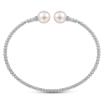 14K White Gold Bujukan Bead Split Bracelet with Pearl and Diamond Caps