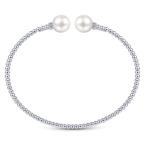 14K White Gold Bujukan Bead Split Bracelet with Pearl and Diamond Caps - 0.05 ct - Shot 3