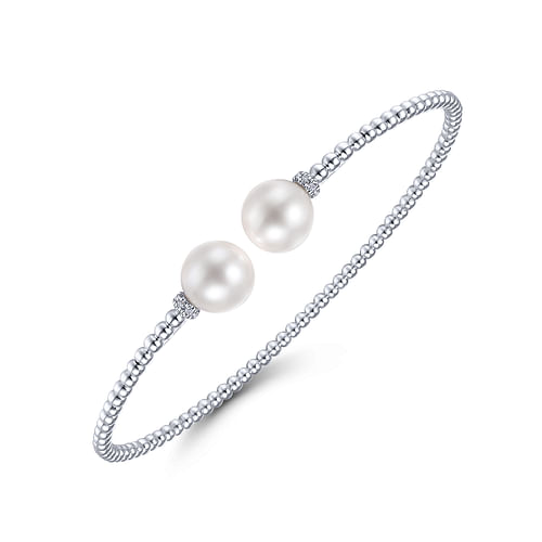 14K White Gold Bujukan Bead Split Bracelet with Pearl and Diamond Caps - 0.05 ct - Shot 2