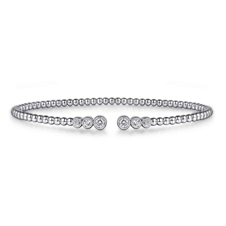 14K White Gold Bujukan Bead Split Cuff Bracelet with Bezel Set Diamonds - 0.22 ct - Shot 1