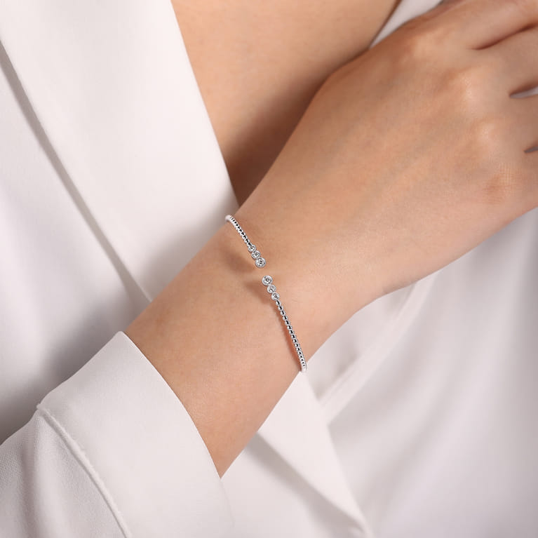 14K White Gold Bujukan Bead Split Cuff Bracelet with Bezel Set Diamonds - 0.24 ct - Shot 4