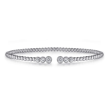 14K White Gold Bujukan Bead Split Cuff Bracelet with Bezel Set Diamonds
