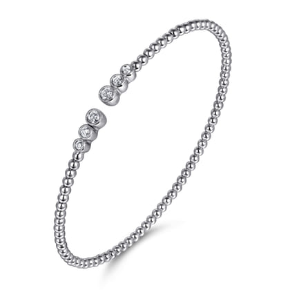14K White Gold Bujukan Bead Split Cuff Bracelet with Bezel Set Diamonds