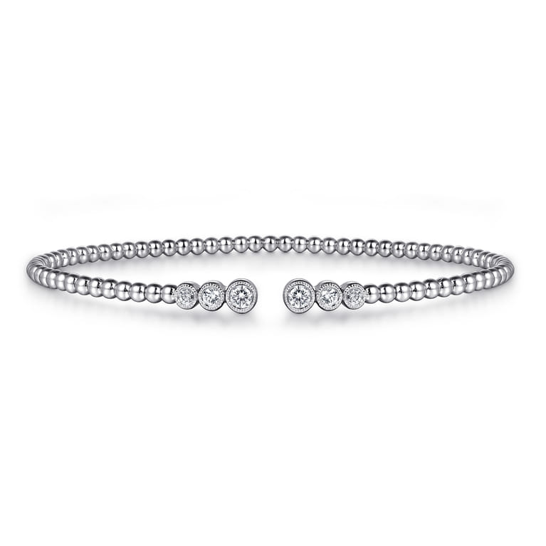 14K White Gold Bujukan Bead Split Cuff Bracelet with Bezel Set Diamonds - 0.24 ct - Shot 1