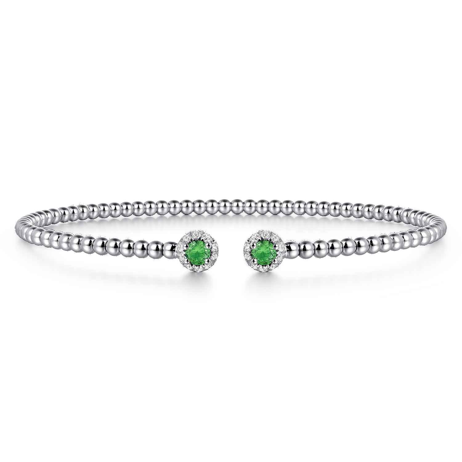 14K White Gold Bujukan Bead Split Cuff Bracelet with Emerald and Diamond Bangle - 0.12 ct - Shot 1