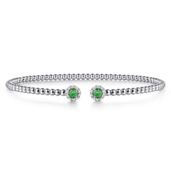 14K White Gold Bujukan Bead Split Cuff Bracelet with Emerald and Diamond Bangle