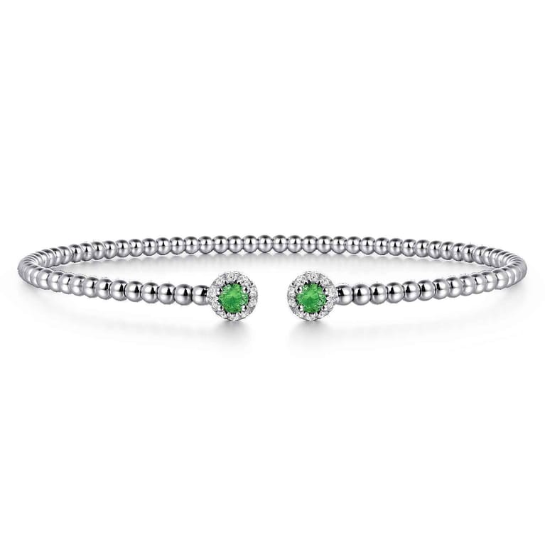 14K White Gold Bujukan Bead Split Cuff Bracelet with Emerald and Diamond Bangle - 0.12 ct - Shot 1