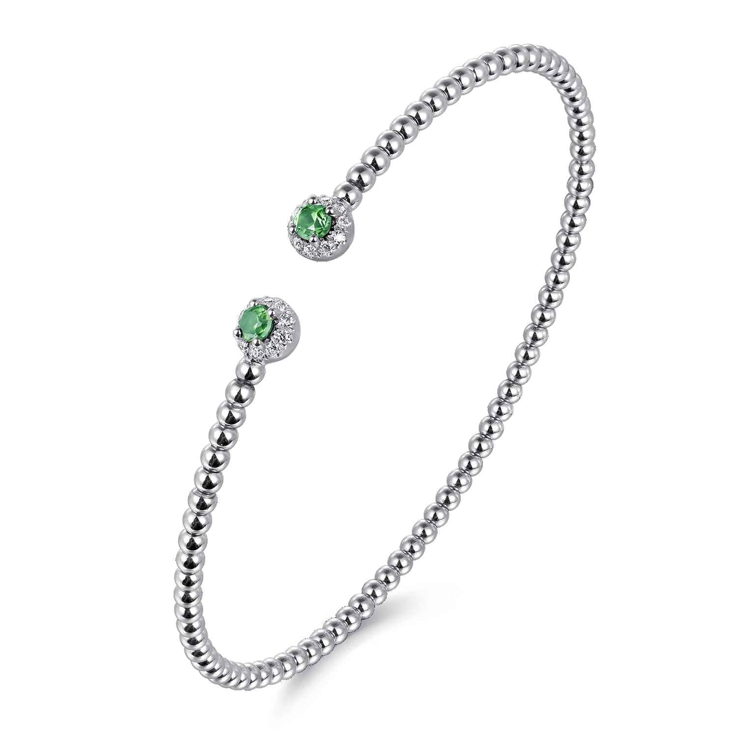 14K White Gold Bujukan Bead Split Cuff Bracelet with Emerald and Diamond Bangle - 0.12 ct - Shot 2