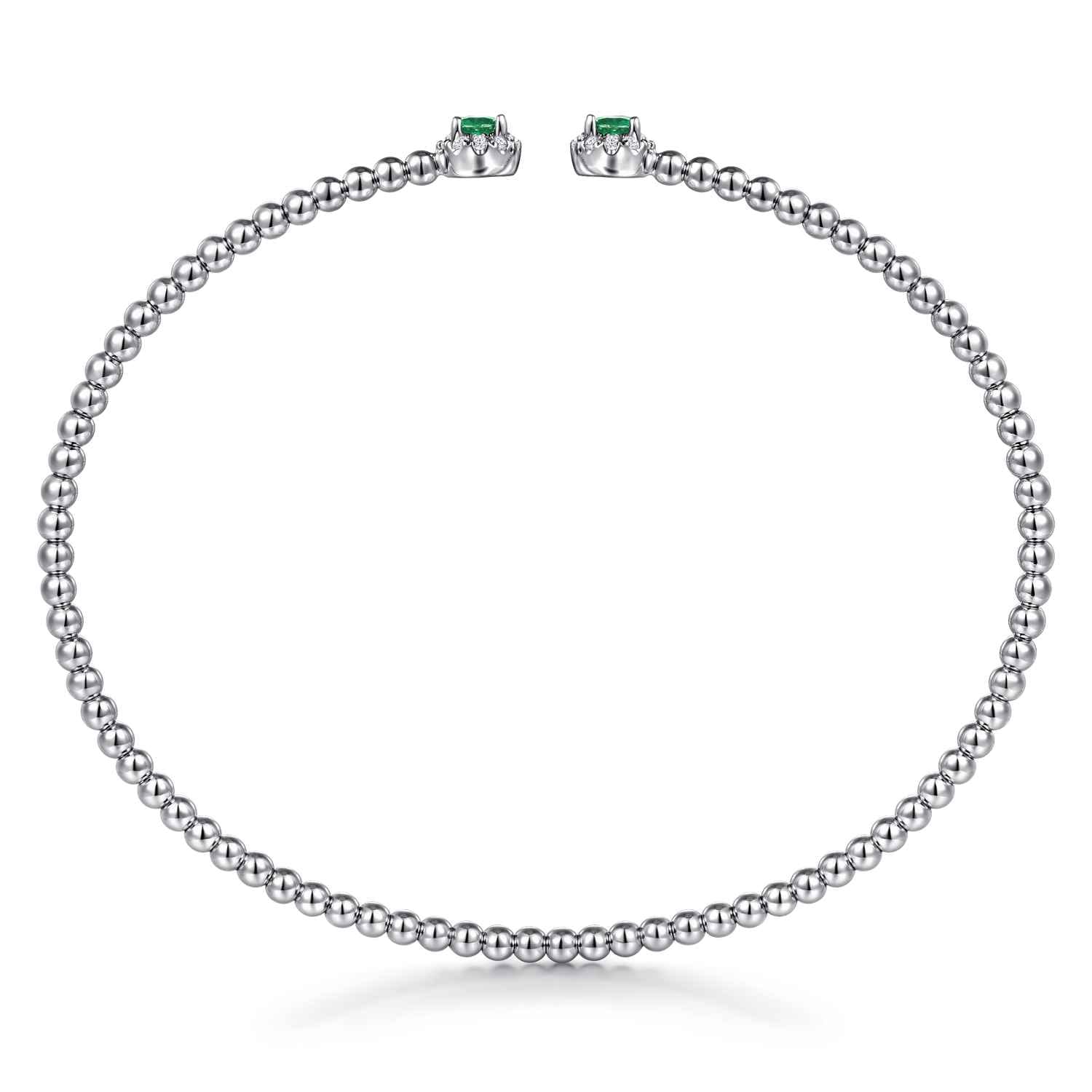 14K White Gold Bujukan Bead Split Cuff Bracelet with Emerald and Diamond Bangle - 0.12 ct - Shot 3