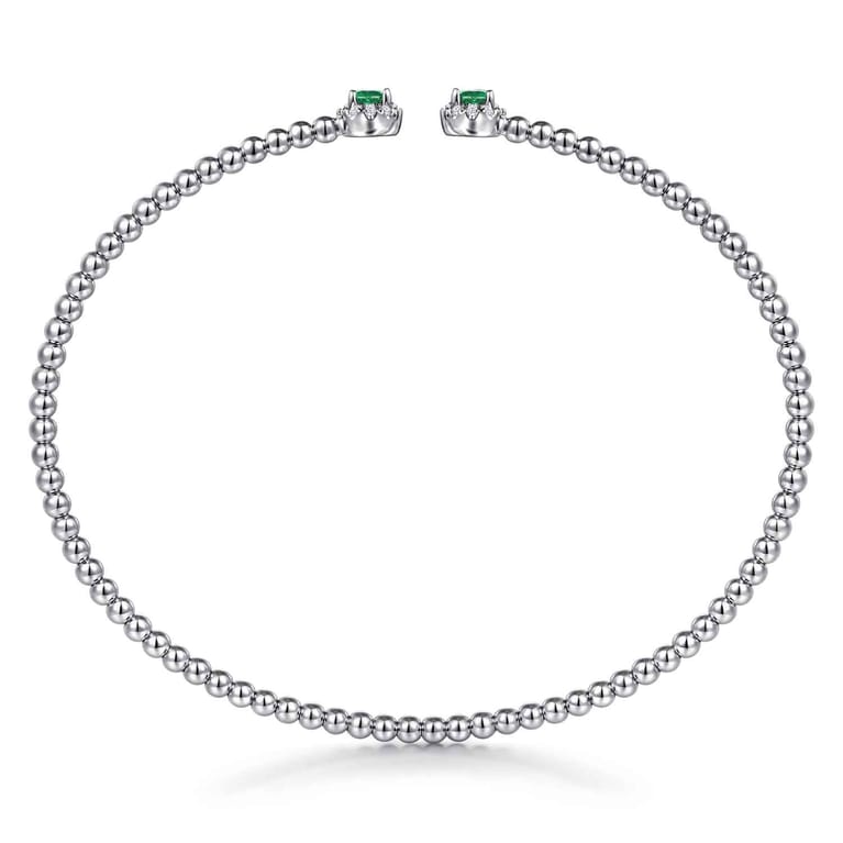 14K White Gold Bujukan Bead Split Cuff Bracelet with Emerald and Diamond Bangle - 0.12 ct - Shot 3