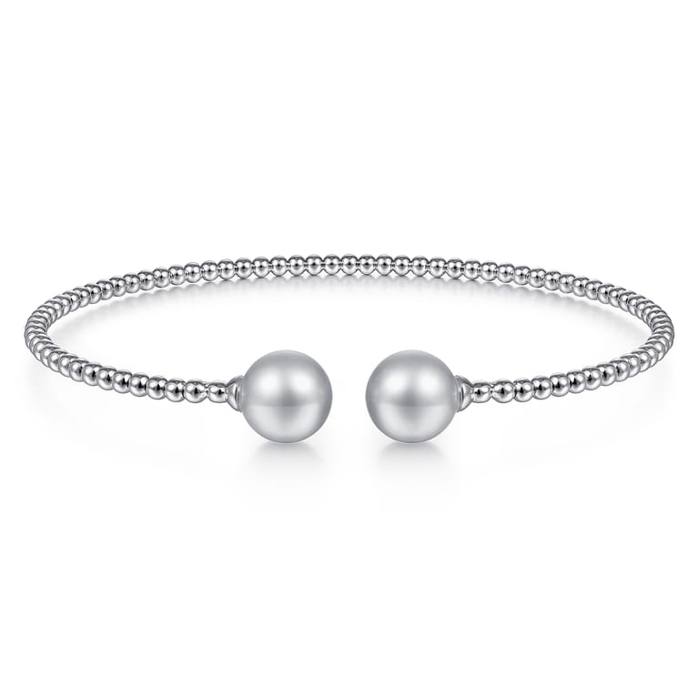 14K White Gold Bujukan Bead Split Cuff Bracelet with Grey Pearls - Shot 1