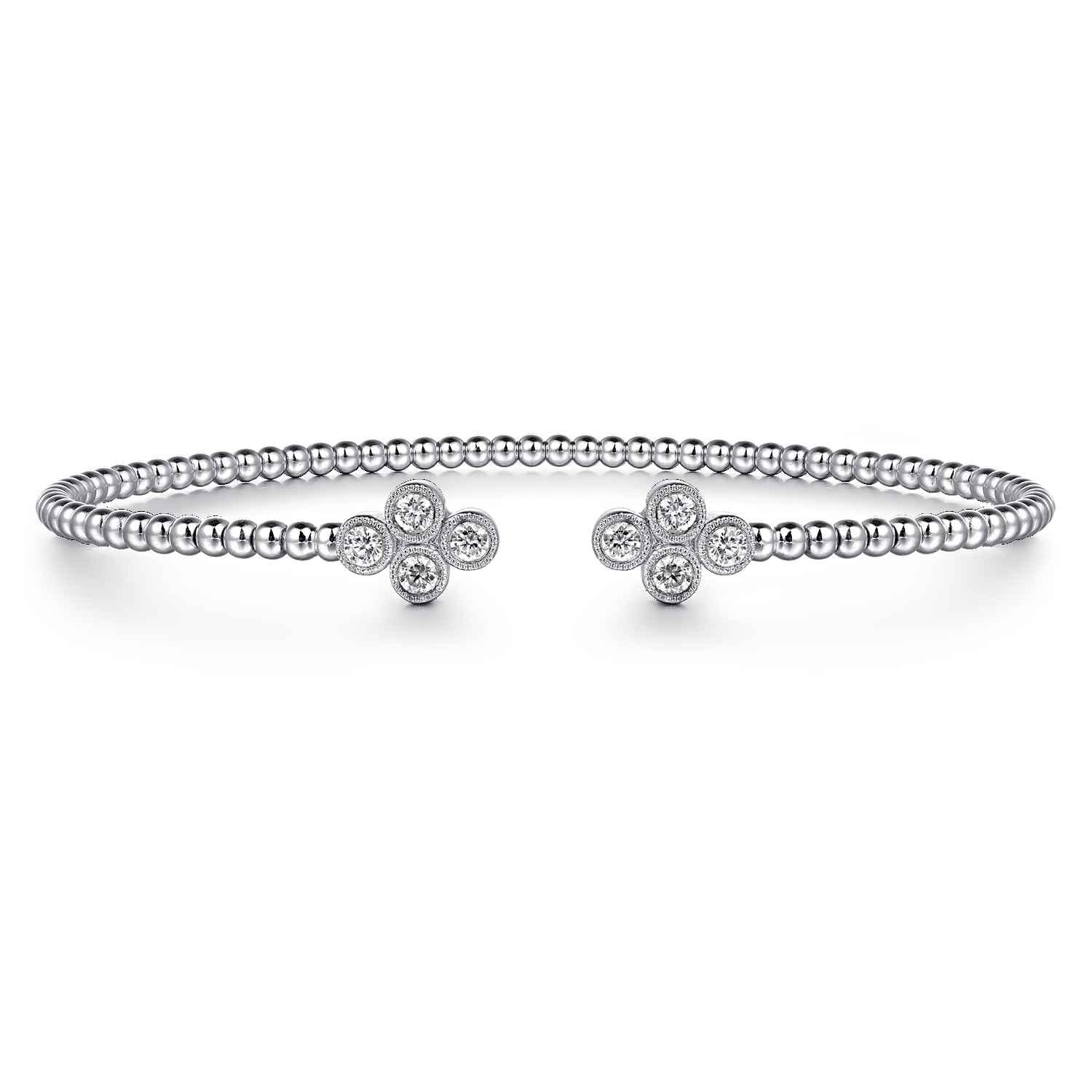 14K White Gold Bujukan Bead Split Cuff Bracelet with Quatrefoil Diamond Endcaps - 0.38 ct - Shot 1