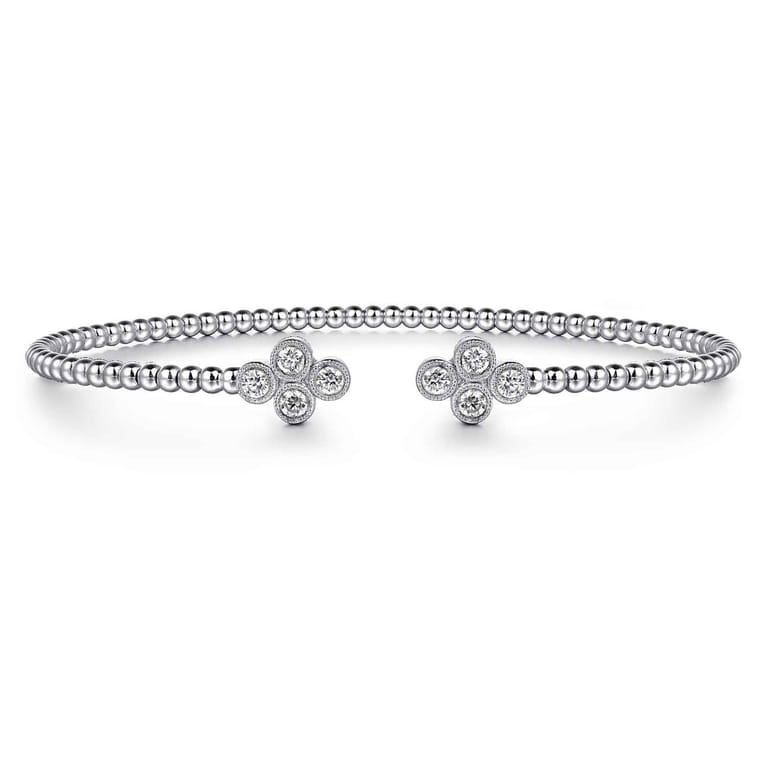 14K White Gold Bujukan Bead Split Cuff Bracelet with Quatrefoil Diamond Endcaps - 0.38 ct - Shot 1