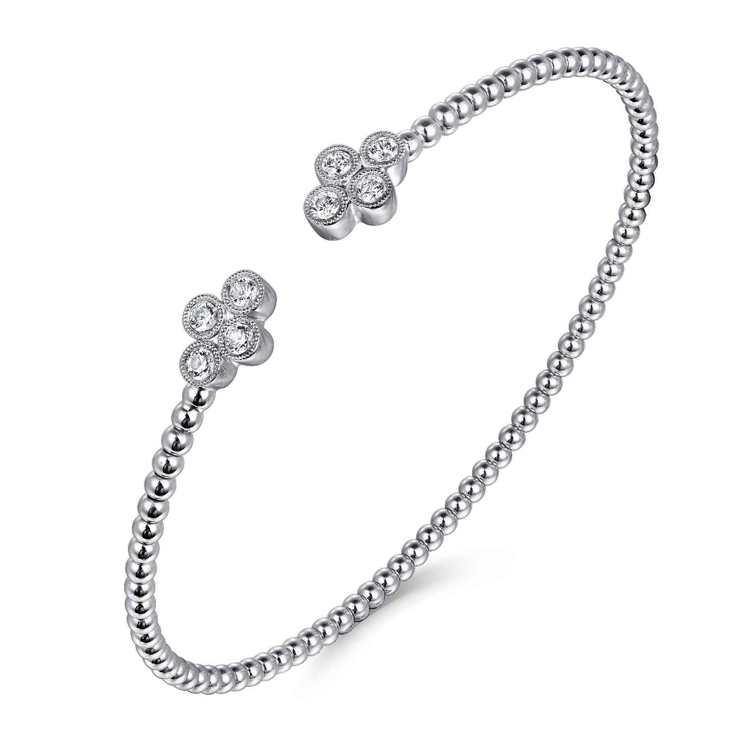 14K White Gold Bujukan Bead Split Cuff Bracelet with Quatrefoil Diamond Endcaps - 0.38 ct - Shot 2