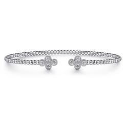 14K White Gold Bujukan Bead Split Cuff Bracelet with Quatrefoil Diamond Endcaps