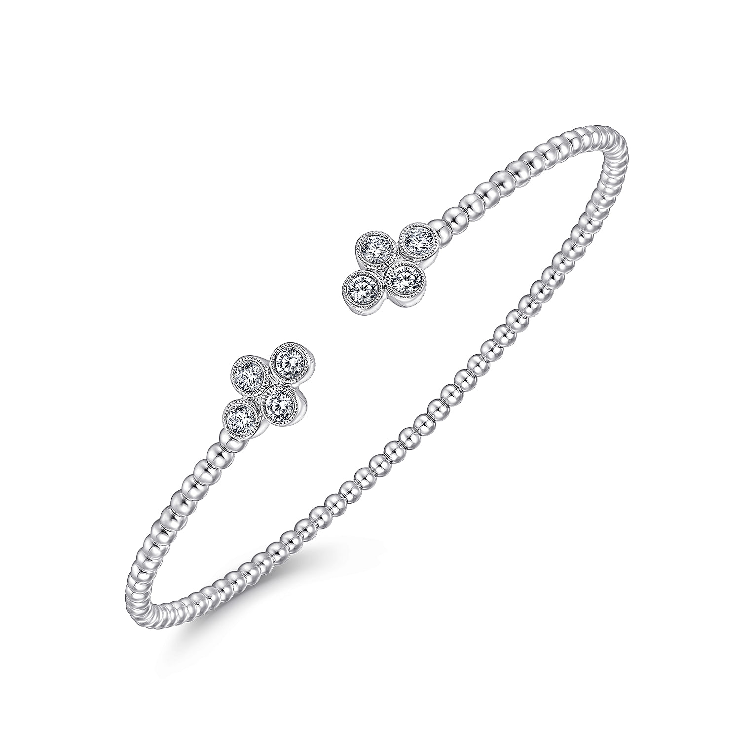 14K White Gold Bujukan Bead Split Cuff Bracelet with Quatrefoil Diamond Endcaps - 0.4 ct - Shot 2