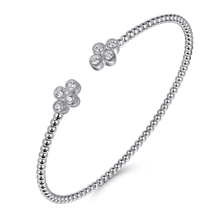 14K White Gold Bujukan Bead Split Cuff Bracelet with Quatrefoil Diamond Endcaps - 0.4 ct - Shot 2