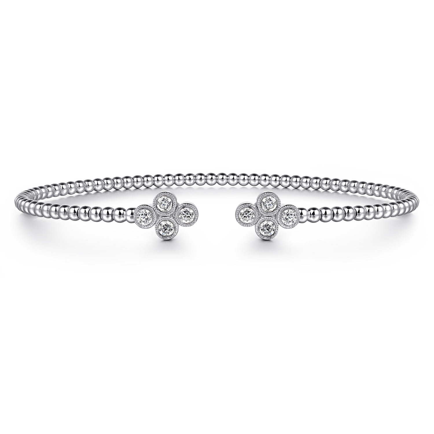 14K White Gold Bujukan Bead Split Cuff Bracelet with Quatrefoil Diamond Endcaps - 0.38 ct - Shot 1
