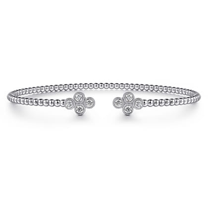 14K White Gold Bujukan Bead Split Cuff Bracelet with Quatrefoil Diamond Endcaps