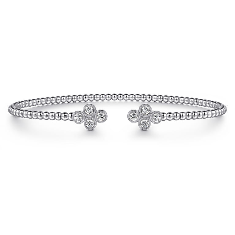 14K White Gold Bujukan Bead Split Cuff Bracelet with Quatrefoil Diamond Endcaps - 0.38 ct - Shot 1