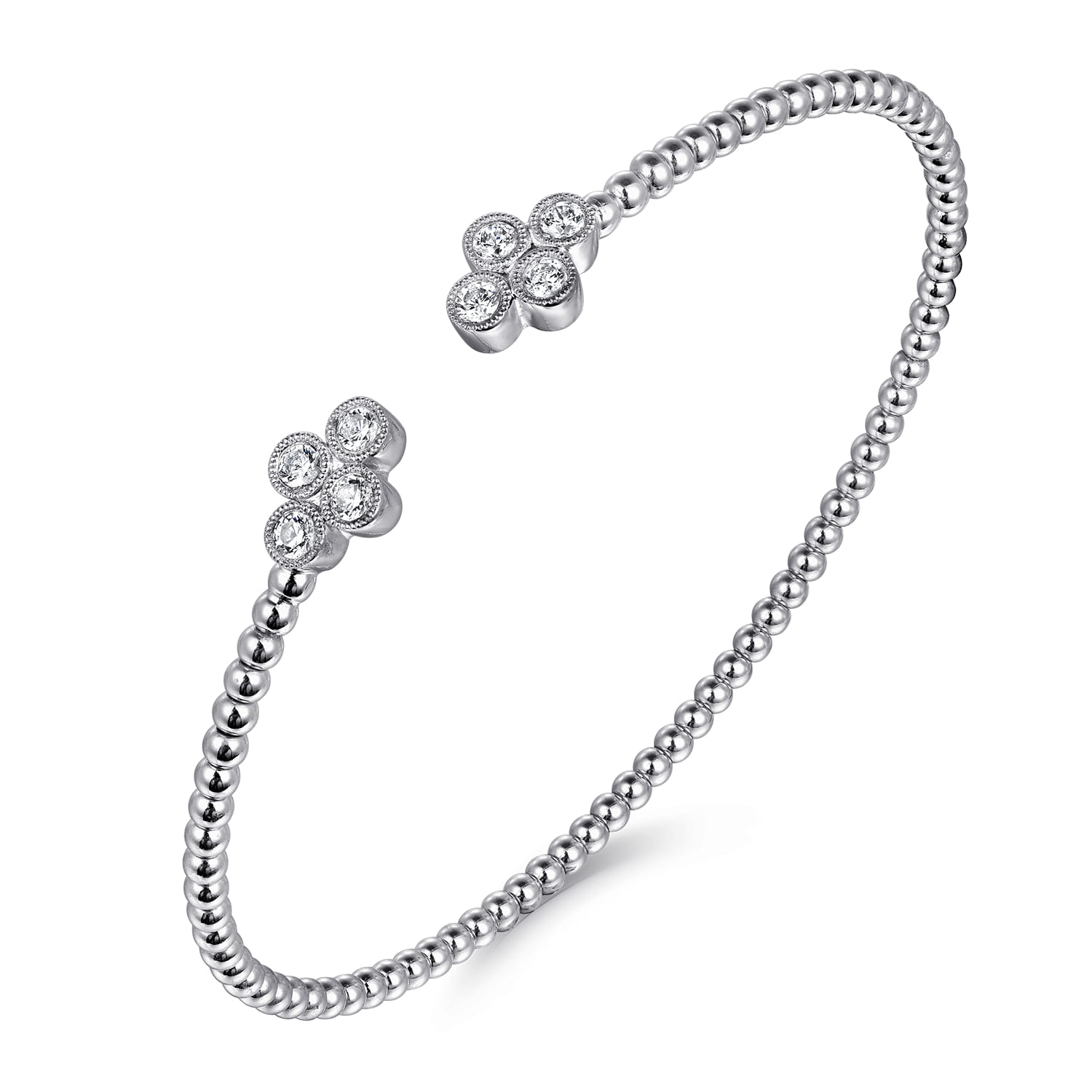 14K White Gold Bujukan Bead Split Cuff Bracelet with Quatrefoil Diamond Endcaps - 0.38 ct - Shot 2