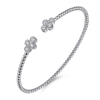 14K White Gold Bujukan Bead Split Cuff Bracelet with Quatrefoil Diamond Endcaps