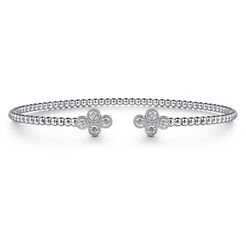 14K White Gold Bujukan Bead Split Cuff Bracelet with Quatrefoil Diamond Endcaps