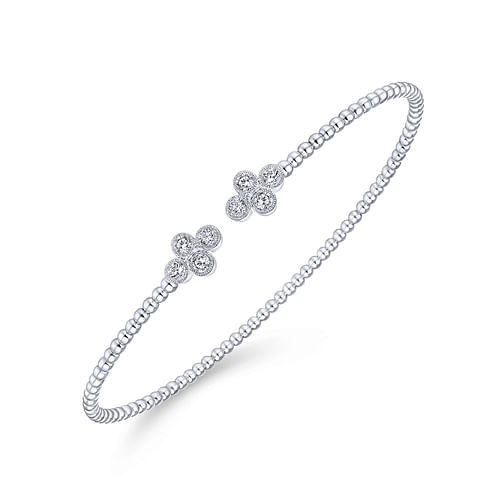 14K White Gold Bujukan Bead Split Cuff Bracelet with Quatrefoil Diamond Endcaps - Shot 2