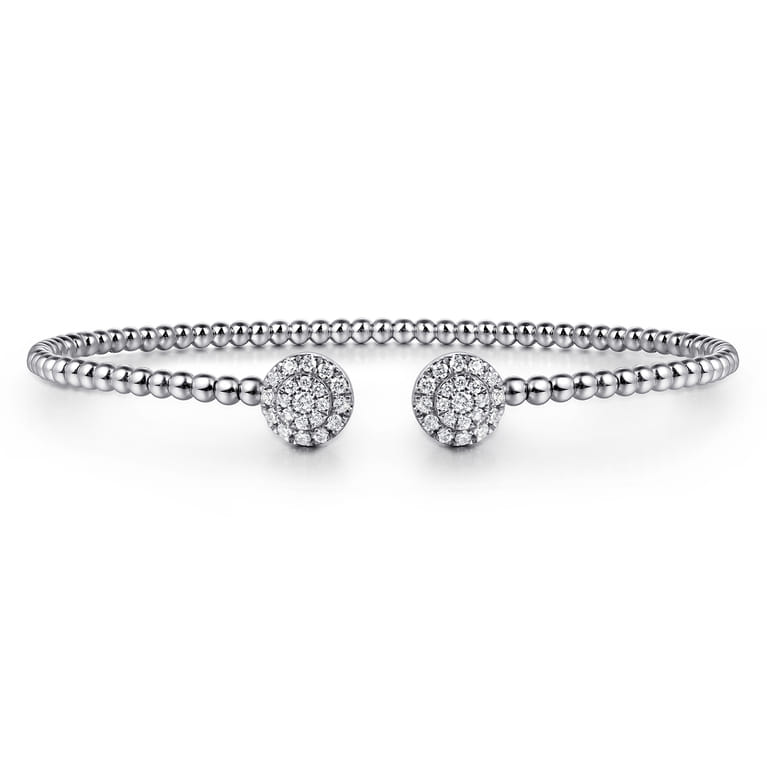 14K White Gold Bujukan Bead Split Cuff Bracelet with Round Pave Diamond Discs - 0.3 ct - Shot 1