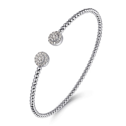 14K White Gold Bujukan Bead Split Cuff Bracelet with Round Pave Diamond Discs