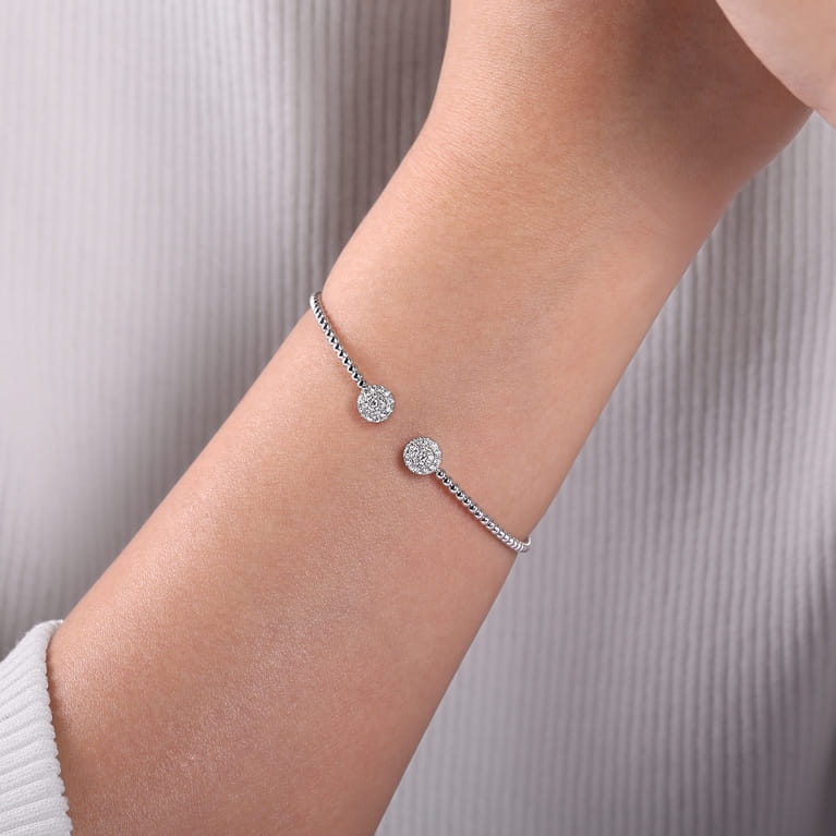 14K White Gold Bujukan Bead Split Cuff Bracelet with Round Pave Diamond Discs - 0.3 ct - Shot 4