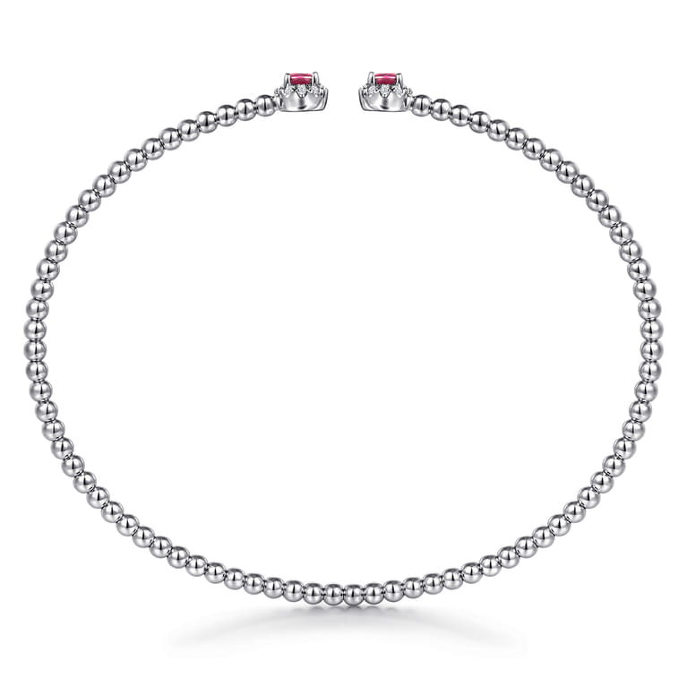 14K White Gold Bujukan Bead Split Cuff Bracelet with Ruby and Diamond Bangle - 0.12 ct - Shot 3
