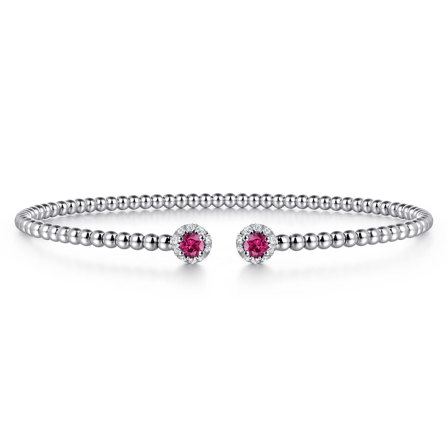 14K White Gold Bujukan Bead Split Cuff Bracelet with Ruby and Diamond Bangle - 0.12 ct - Shot 1