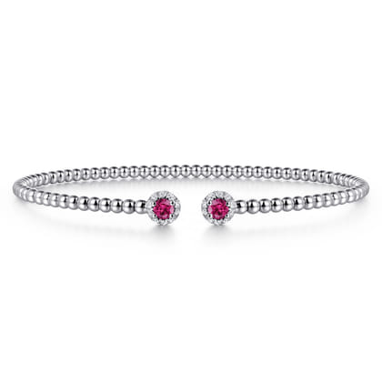 14K White Gold Bujukan Bead Split Cuff Bracelet with Ruby and Diamond Bangle