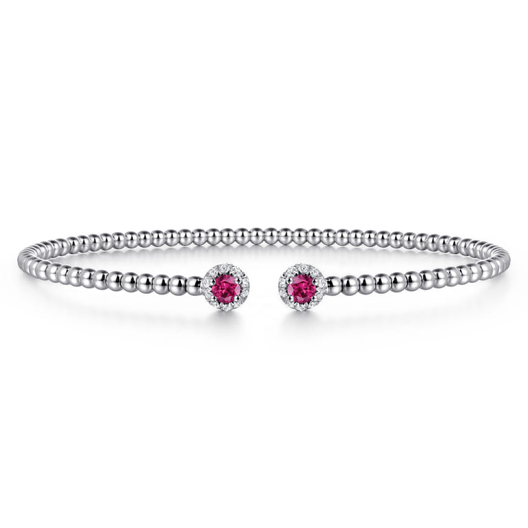 14K White Gold Bujukan Bead Split Cuff Bracelet with Ruby and Diamond Bangle - 0.12 ct - Shot 1