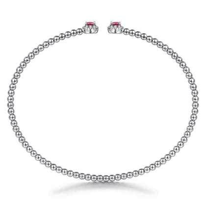14K White Gold Bujukan Bead Split Cuff Bracelet with Ruby and Diamond Bangle