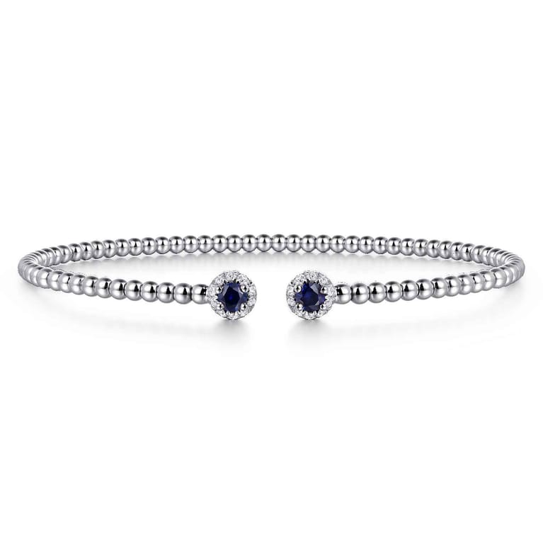 14K White Gold Bujukan Bead Split Cuff Bracelet with Sapphire and Diamond - 0.12 ct - Shot 1