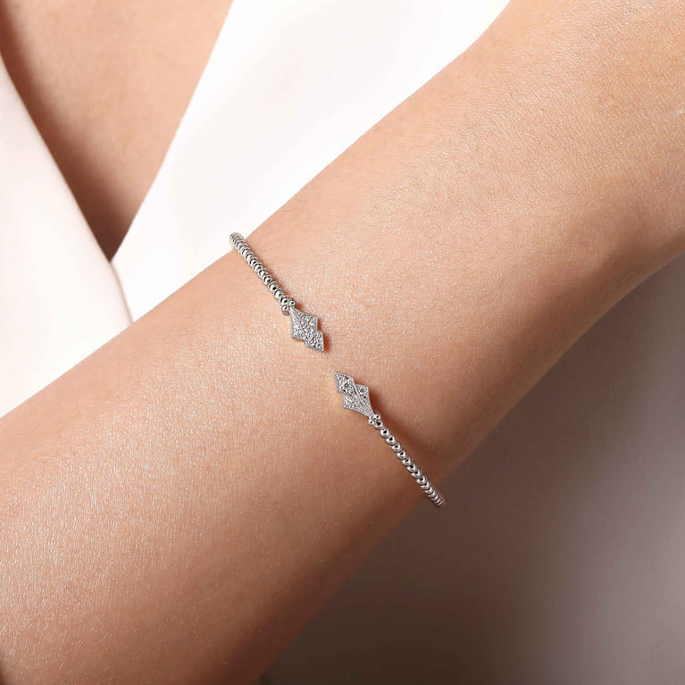 14K White Gold Bujukan Bead Split Cuff with Diamonds - 0.12 ct - Shot 4