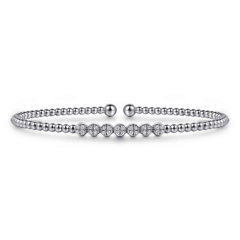 14K White Gold Bujukan Bead and Cluster Diamond Bangle - 0.13 ct - Shot 1