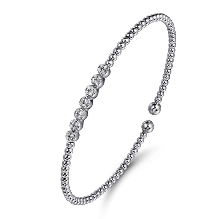 14K White Gold Bujukan Bead and Cluster Diamond Bangle - 0.13 ct - Shot 2