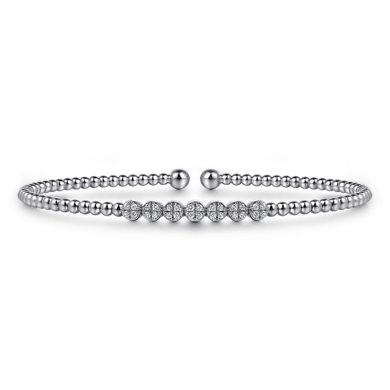 14K White Gold Bujukan Bead and Cluster Diamond Bangle - 0.14 ct - Shot 1