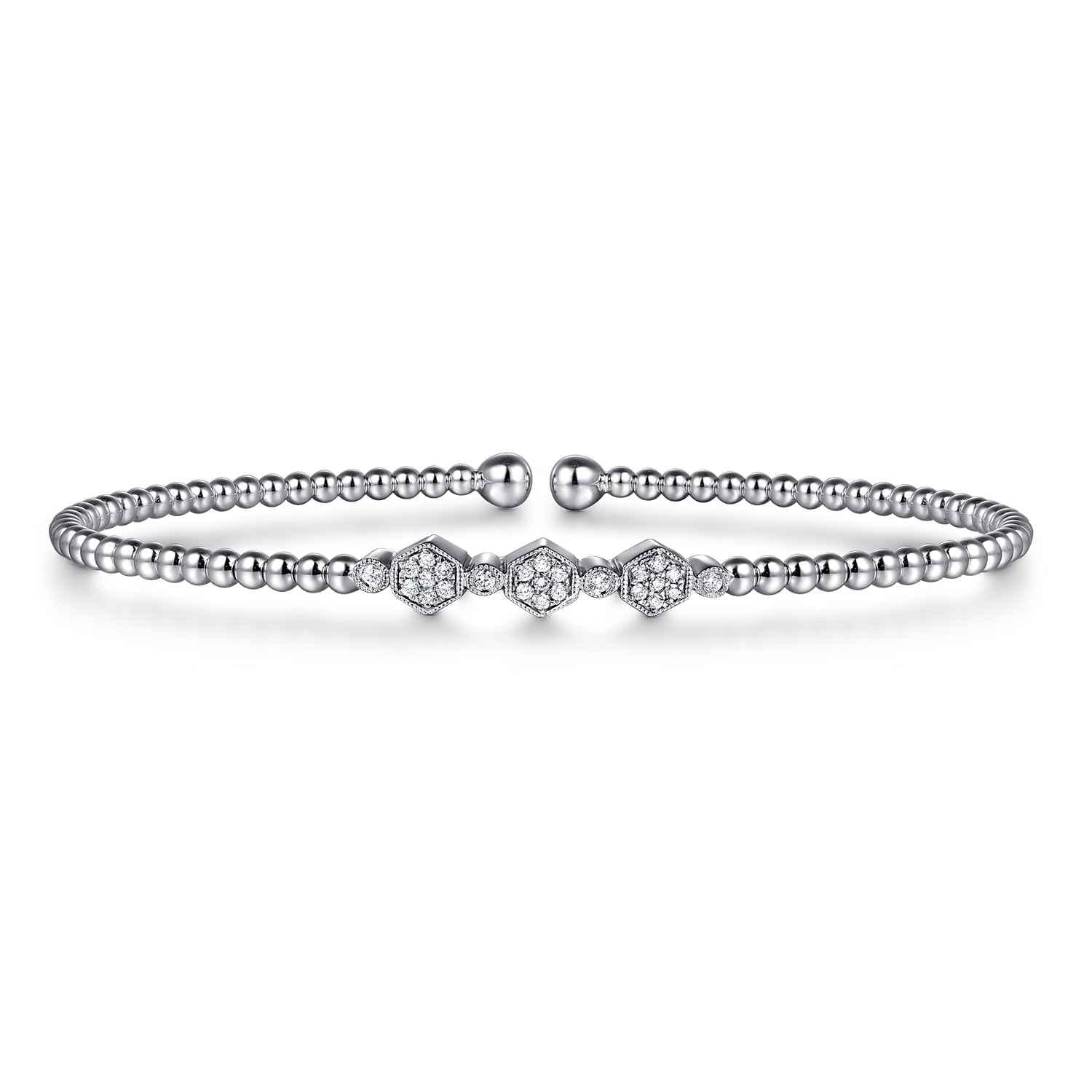 14K White Gold Bujukan Bead and Hexagon Cluster Diamond Bangle - 0.12 ct - Shot 1