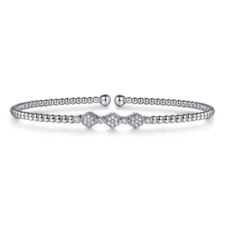 14K White Gold Bujukan Bead and Hexagon Cluster Diamond Bangle - 0.12 ct - Shot 1